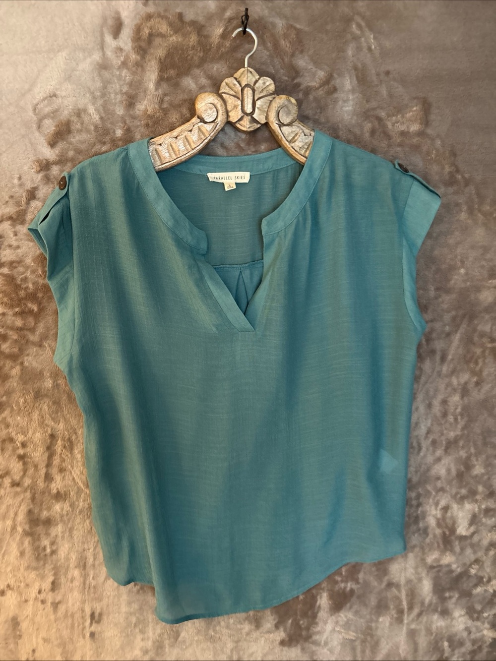 Parallel Skies Blouse Women’s Size L Teal Split V-Neck Cap Sleeve Blouse